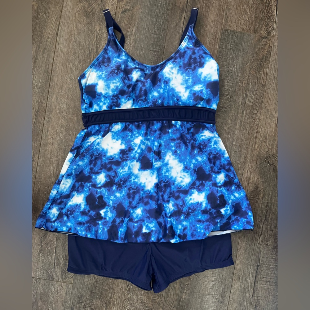 American Trends 2 Piece Swimsuit Tankini Top with Boyshorts Navy Blue & White XL
